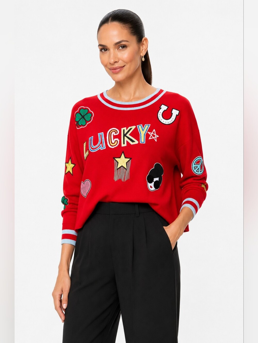Alice + Olivia Gleeson Lucky Patch Wool Sweater Red XS Relaxed Fit